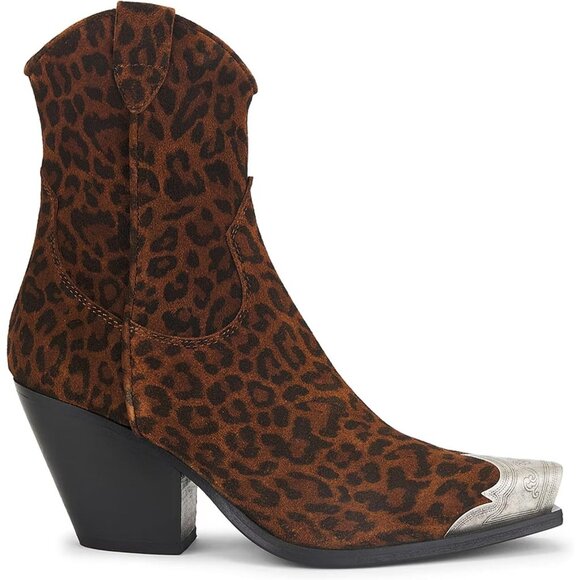 Women's Leopard Engraved Steel Toe Cowgirl Boots Stacked Block Heels Short - Picture 3 of 5